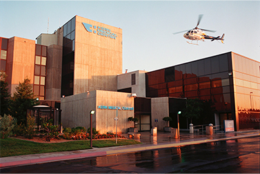 Helicopter flying over trauma center.